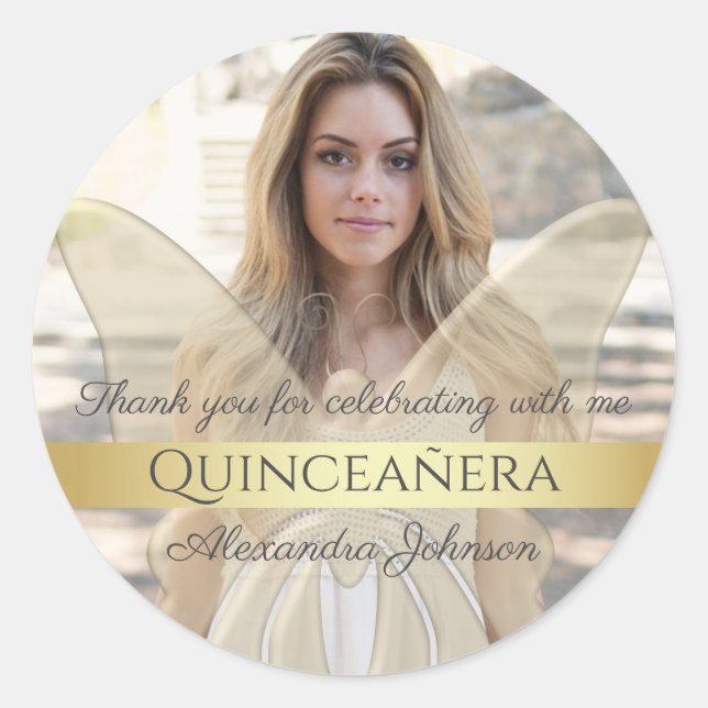 Sticker Rond Quinceanera Elegant Gold Butterfly Photo (Devant)