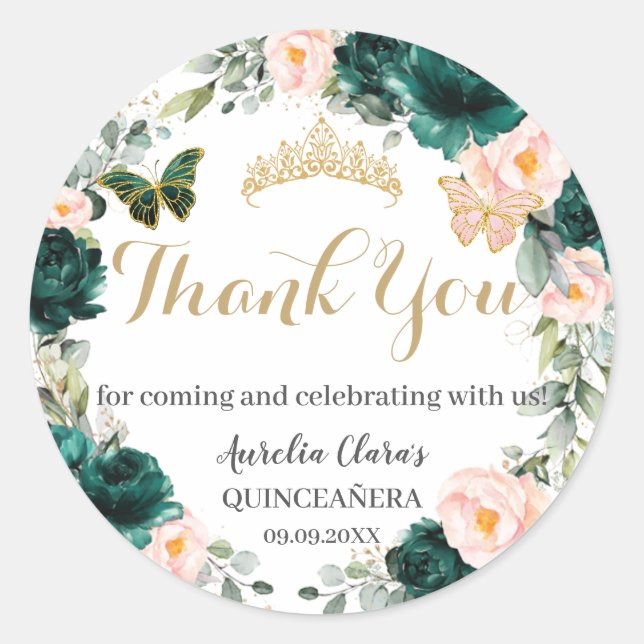 Sticker Rond Quinceañera Emerald Green Blush Floral Anniversair (Devant)