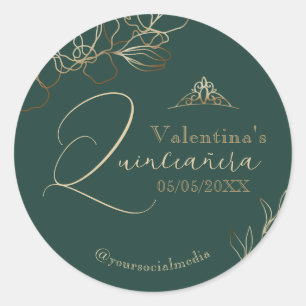 Sticker Rond Quinceañera Emerald Green Floral
