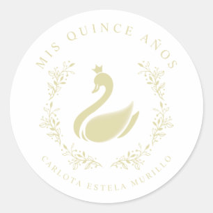 Sticker Rond Quinceañera Espagnol Jaune & Or Cygne Romantique
