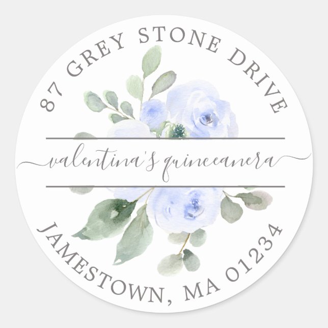 Sticker Rond Quinceanera Floral Bleu Adresse de retour (Devant)