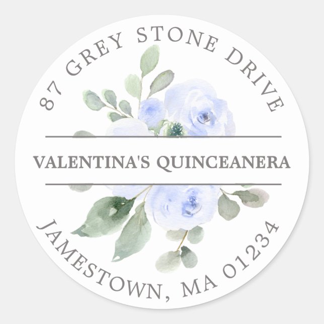 Sticker Rond Quinceanera Floral Bleu Adresse de retour (Devant)