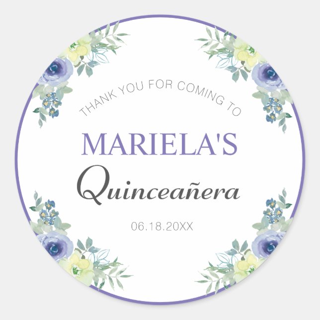 Sticker Rond Quinceañera Floral frais violet Merci d'anniversai (Devant)
