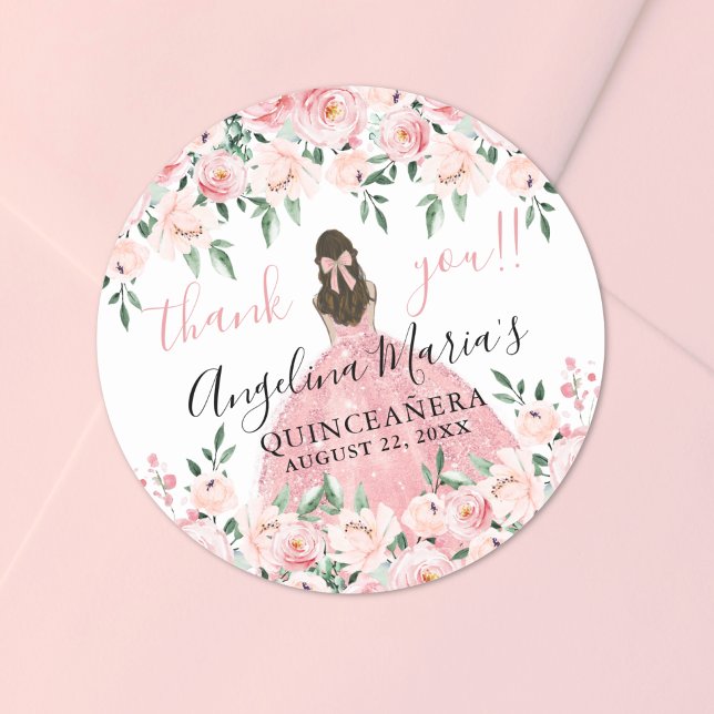 Sticker Rond Quinceanera florale en Merci rose (Blush Pink Thank You Floral Quinceanera Classic Round Sticker )
