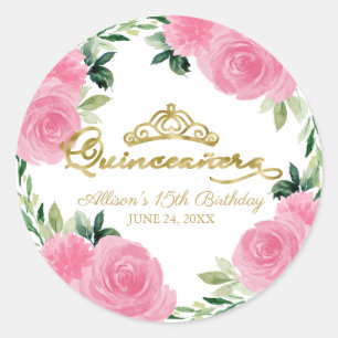 Sticker Rond Quinceanera Florale Rose Chaud 