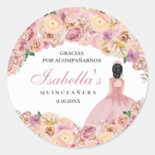 Sticker Rond Quinceanera florale rose pâle
