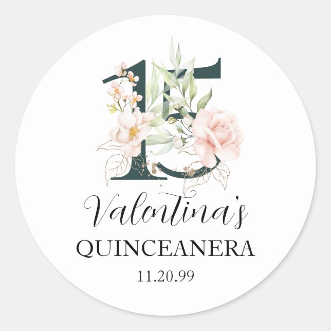Sticker Rond Quinceanera Florale Rose Pâle (Devant)