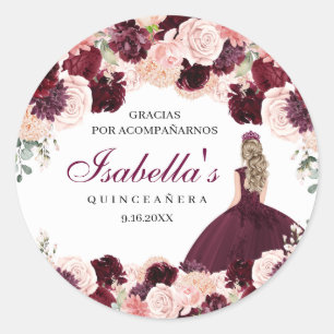 Sticker Rond Quinceanera florale rose pâle de Bourgogne