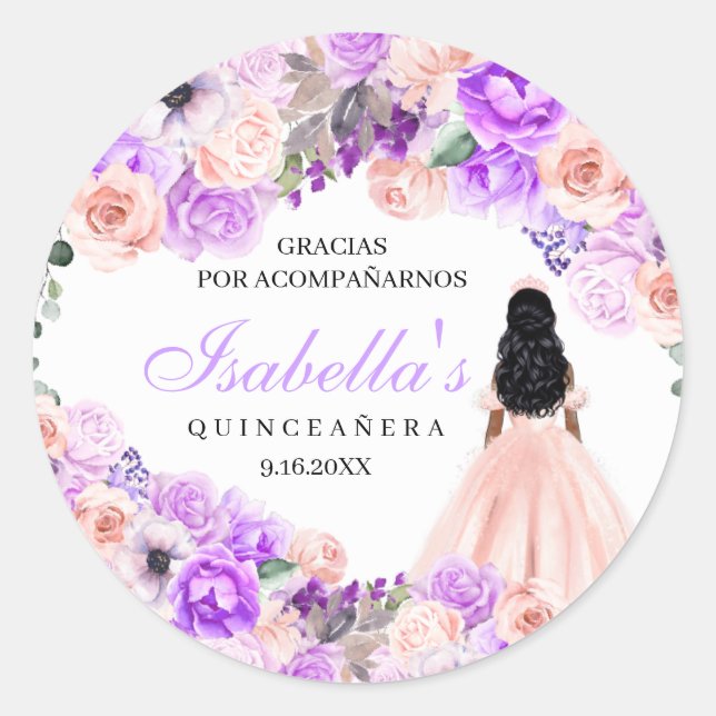 Sticker Rond Quinceanera Florale Rose & Violet Classic Round St (Devant)