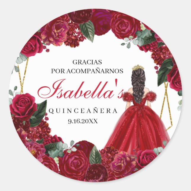 Sticker Rond Quinceanera Florale Rouge et Or Classic Round Sti (Devant)
