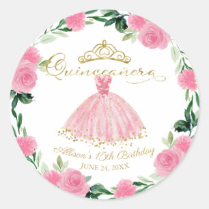 Sticker Rond Quinceanera Gown Hot rose Floral