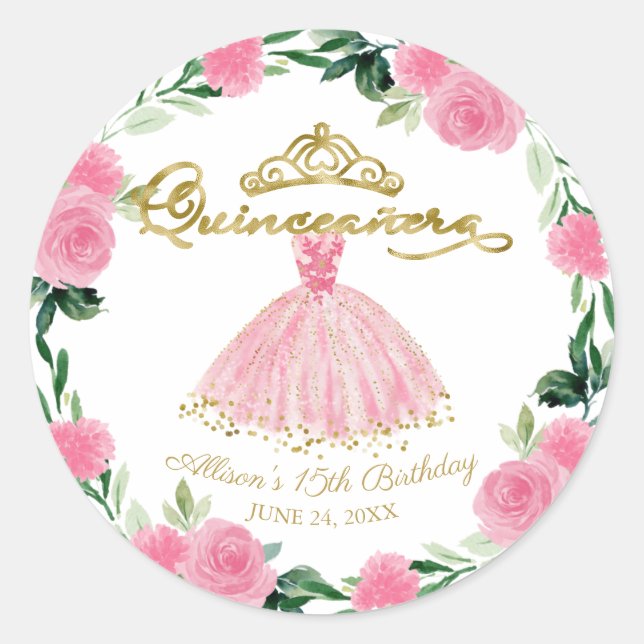 Sticker Rond Quinceanera Gown Hot rose Floral (Devant)