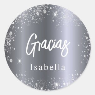Sticker Rond Quinceanera gracias argent nom de la parties scint