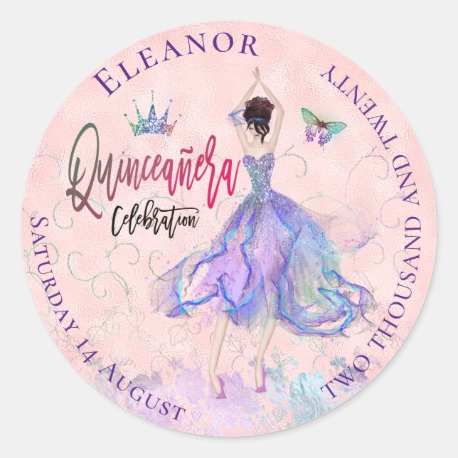 Sticker Rond Quinceanera Iridescend Blush Glam Nom de la robe D (Devant)