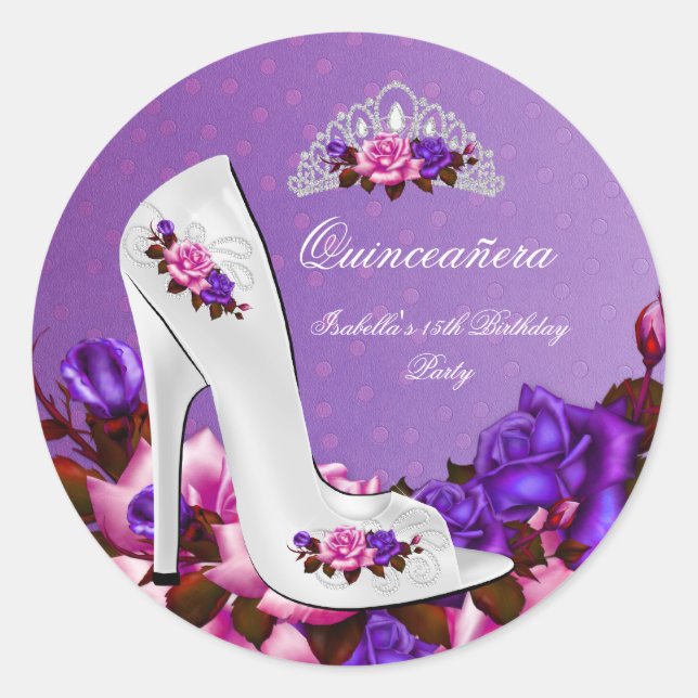 Sticker Rond Quinceanera Jolie Princesse Rose Violet Roses 3R (Devant)