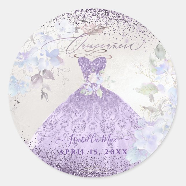 Sticker Rond Quinceanera Lilac Purple Argent Parties scintillan (Devant)