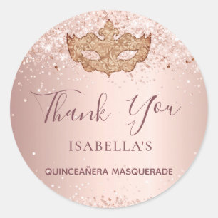 Sticker Rond Quinceanera mascarade rose Merci or