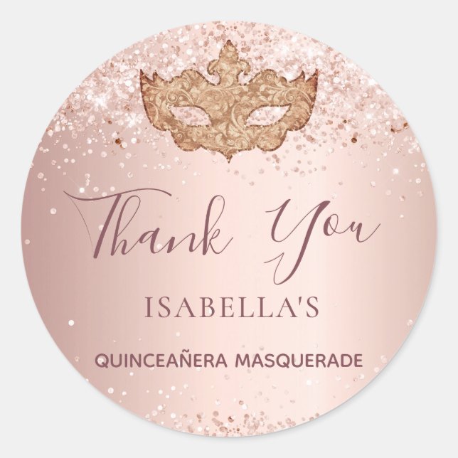 Sticker Rond Quinceanera mascarade rose Merci or (Devant)