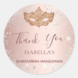 Sticker Rond Quinceanera mascarade rose or Merci argent
