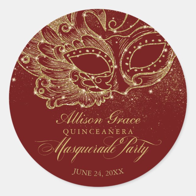 Sticker Rond Quinceanera Masquerade Party Gold Bourgogne (Devant)