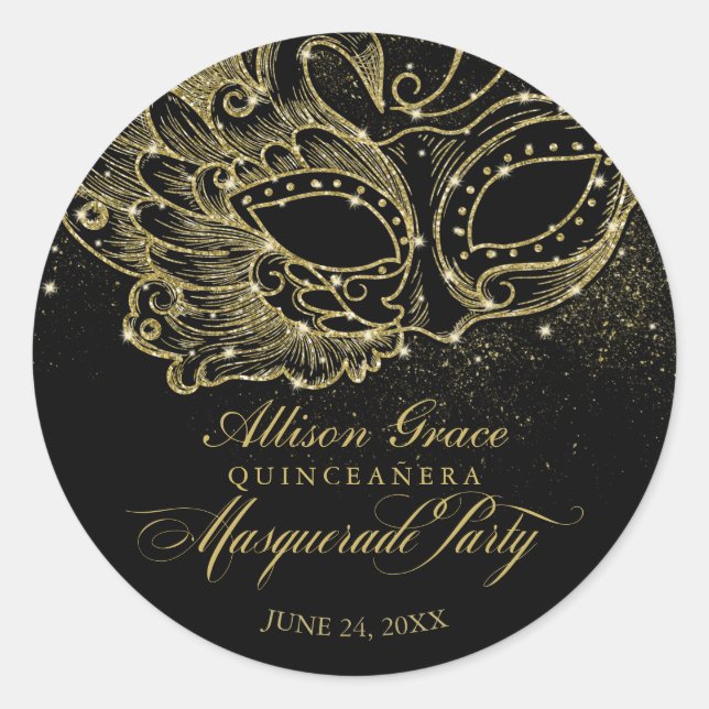 Sticker Rond Quinceanera Masquerade Party Gold Noir (Devant)