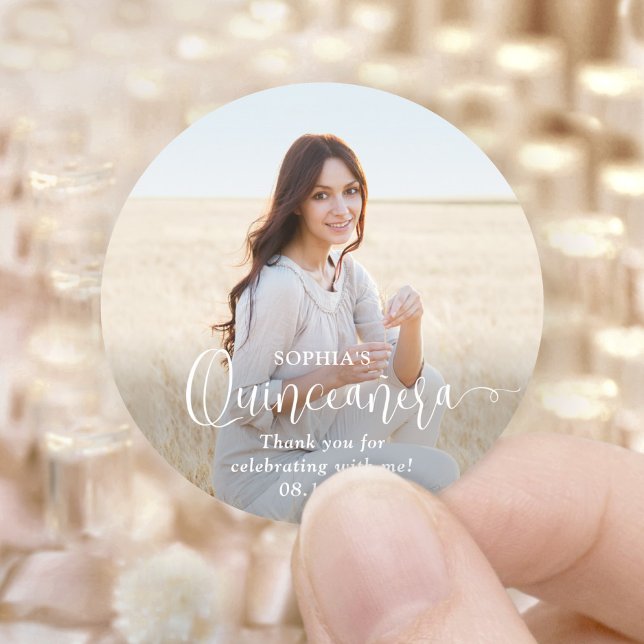 Sticker Rond Quinceañera Modern tendance Script & Merci photo (Créateur téléchargé)