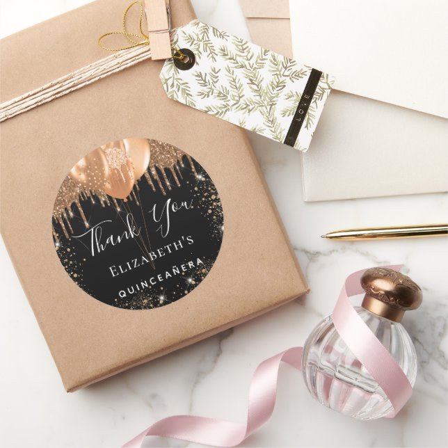 Sticker Rond Quinceanera noir or parties scintillant nom merci (Cadeaux)