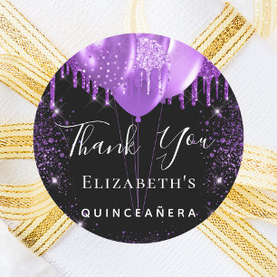 Sticker Rond Quinceanera noir violet nom de la parties scintill