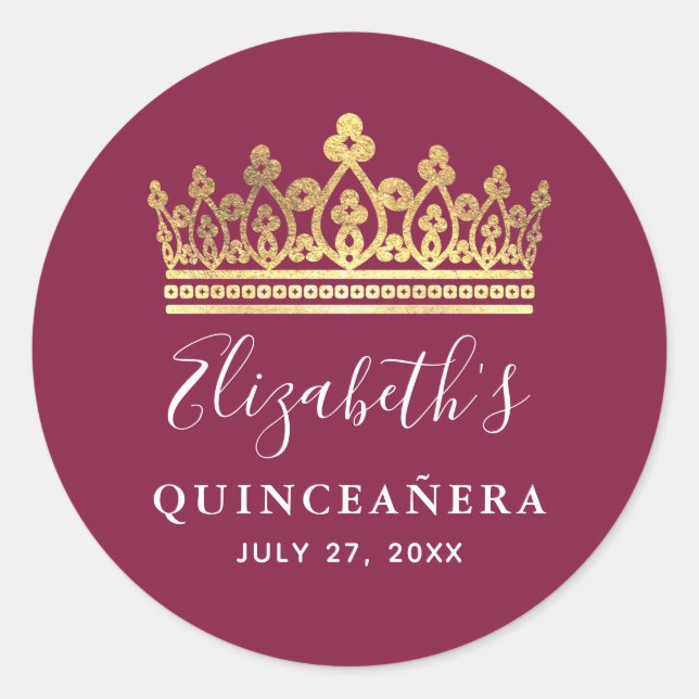 Sticker Rond Quinceanera or Plum Bourgogne élégant (Devant)