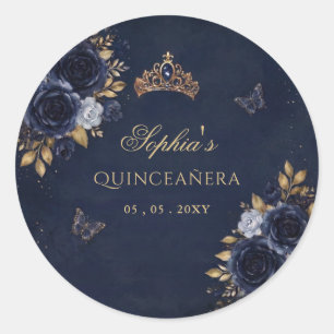 Sticker Rond Quinceañera Papillon Floral Or Navy 
