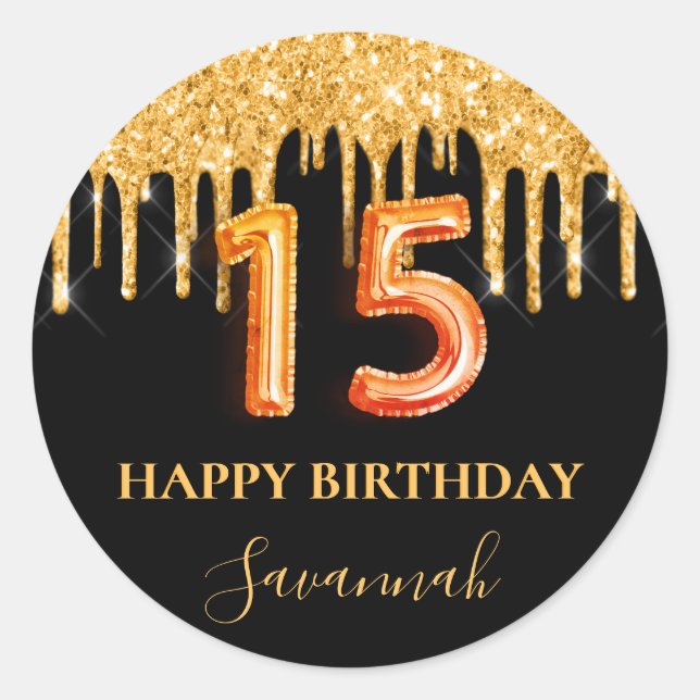 Sticker Rond Quinceanera parties scintillant en or noir style b (Devant)