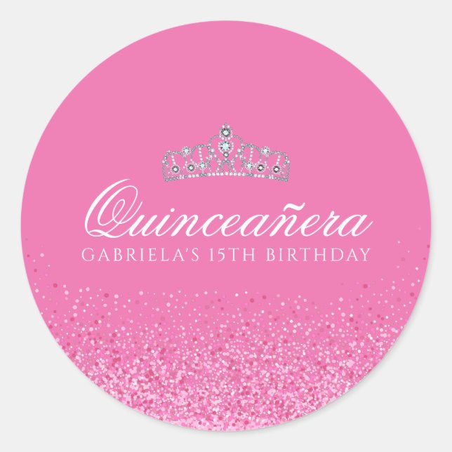 Sticker Rond Quinceanera Parties scintillant rose (Devant)