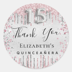 Sticker Rond Quinceanera parties scintillant rose argent goutte