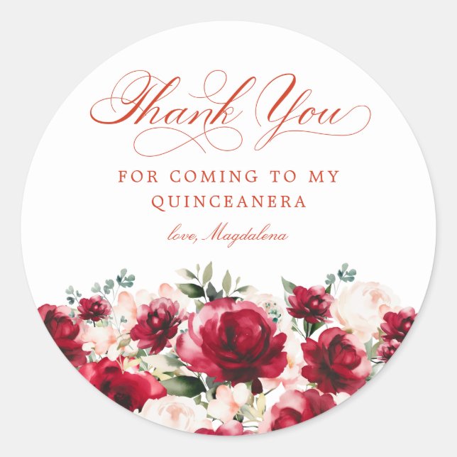 Sticker Rond Quinceanera Party Rouge rose Merci floral (Devant)