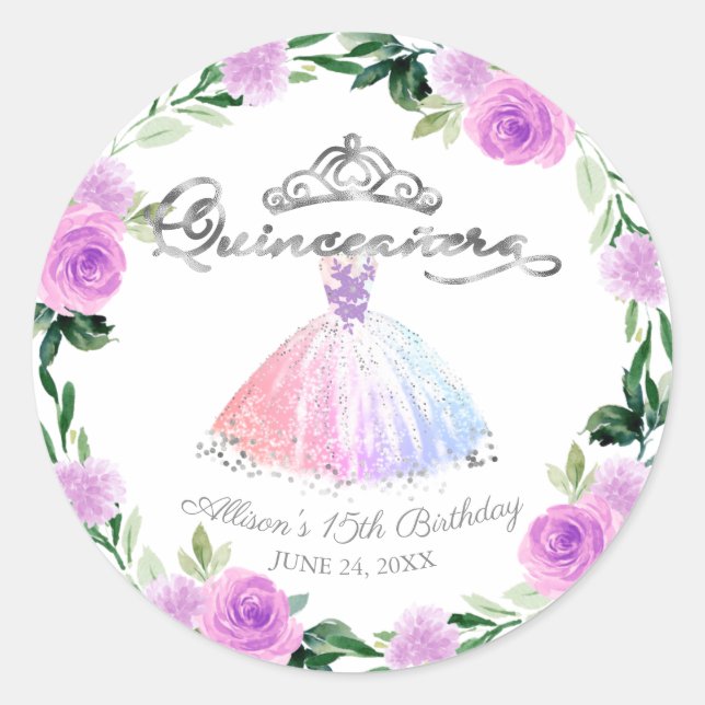Sticker Rond Quinceanera Pastel Colonnes Argent Gown Floral (Devant)