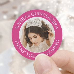 Sticker Rond Quinceañera Photo simple Fuschia Merci rose