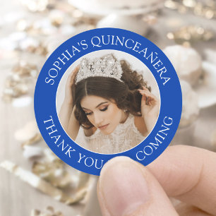 Sticker Rond Quinceañera Photo simple Merci bleu royal