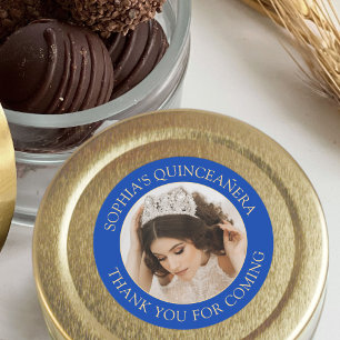 Sticker Rond Quinceañera Photo simple Royal Blue Gold Merci