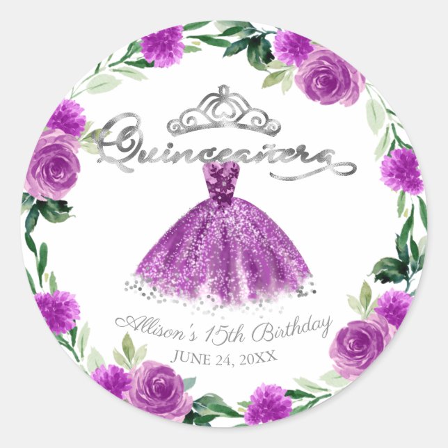 Sticker Rond Quinceanera Purple Argent Gown Floral (Devant)