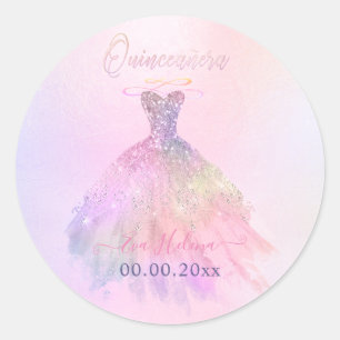 Sticker Rond Quinceañera, Robe à paillettes, Barbe à papa