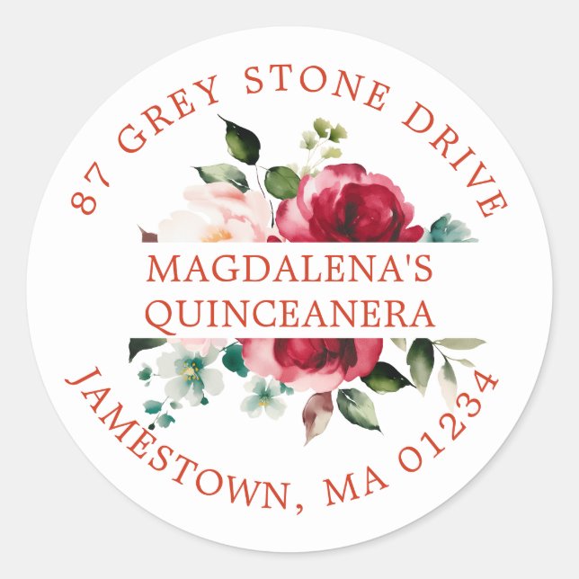 Sticker Rond Quinceanera Rose Floral Adresse de retour Label (Devant)
