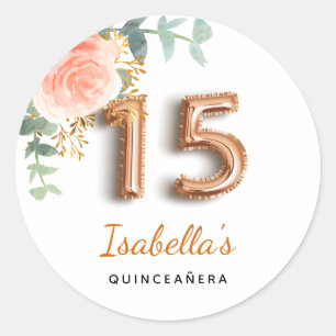 Sticker Rond Quinceanera rose floral or eucalyptus monogramme