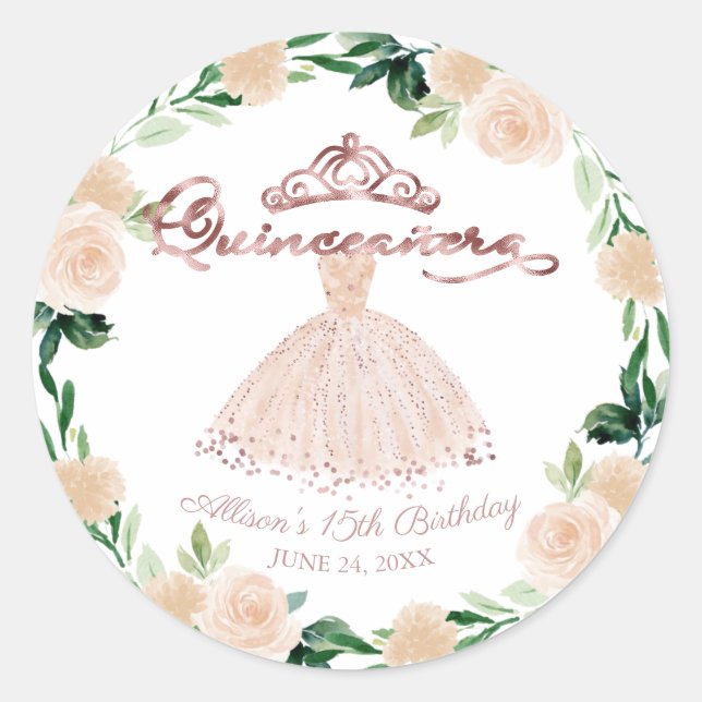 Sticker Rond Quinceanera Rose Gold Blush Gown rose Floral (Devant)