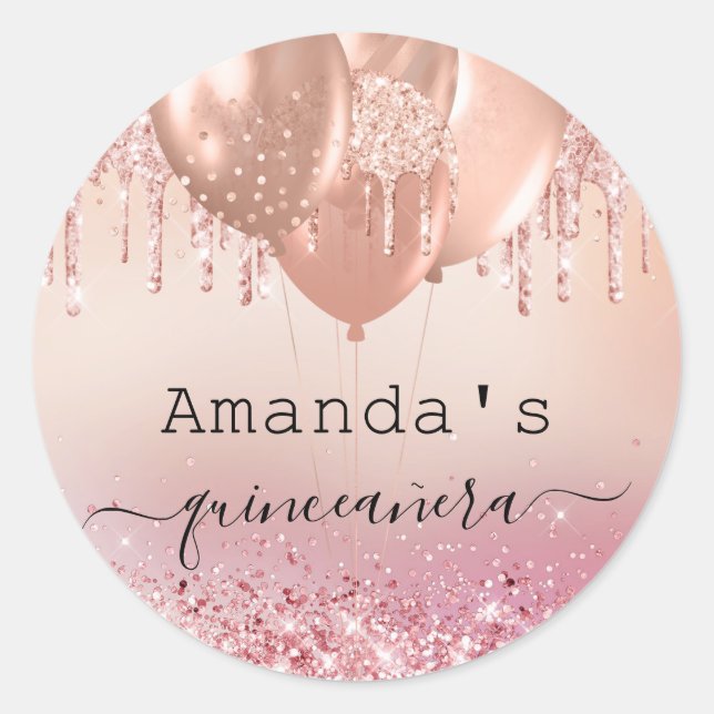 Sticker Rond Quinceanera rose or blush rose bulles nom (Devant)