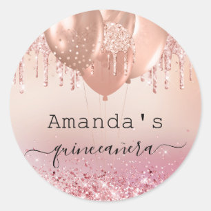 Sticker Rond Quinceanera rose or blush rose bulles nom