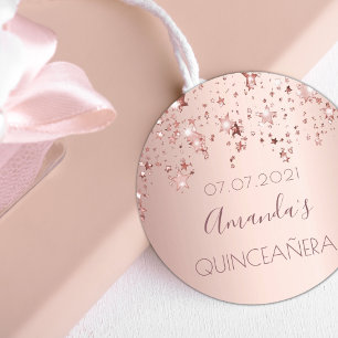 Sticker Rond Quinceanera rose or brillant étoiles glittery