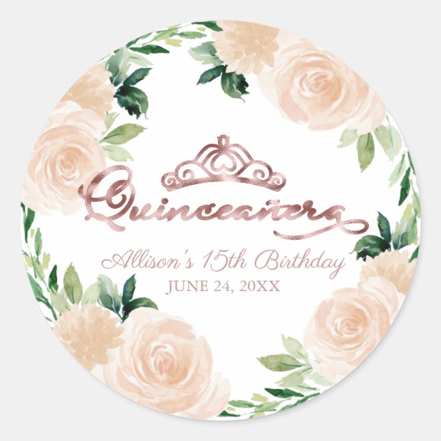 Sticker Rond Quinceanera Rose or Tiara Blush rose floral (Devant)