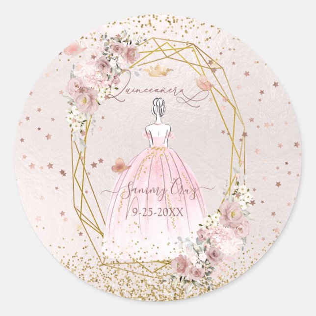 Sticker Rond Quinceanera rose pâle H2 Fleurs Roses rose pâle (Devant)