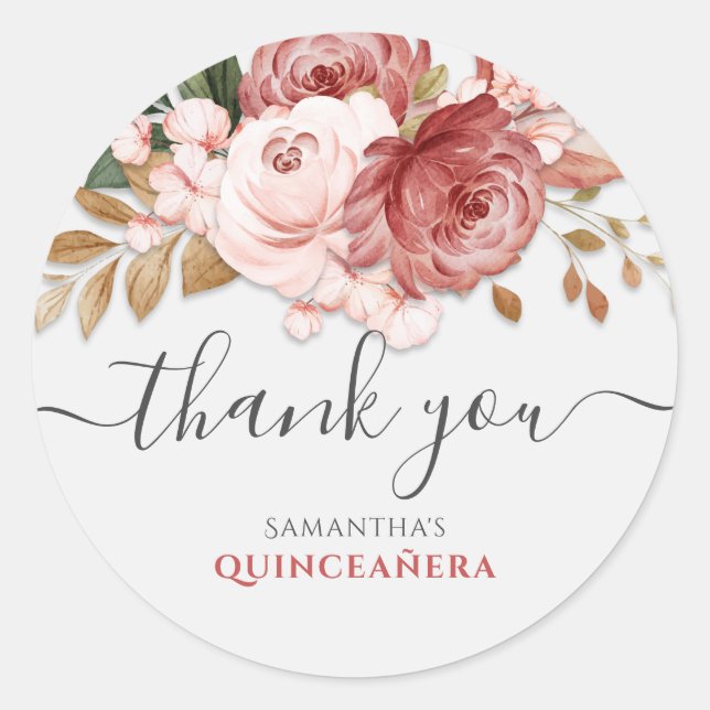 Sticker Rond Quinceanera Rose Roses Floral 15e anniversaire (Devant)