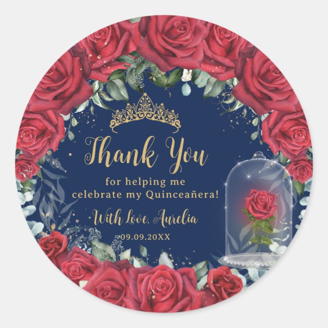 Sticker Rond Quinceañera Rouge Floral Enchantée Marine Rose (Devant)
